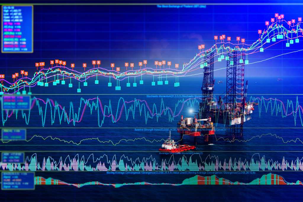 Stilisierte Börsenkurse des Gasmarktes vor einer Bohrinsel mit Schiff im Vordergrund